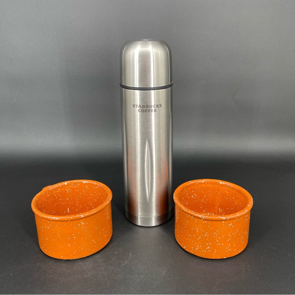 NWOT ~ Starbucks Stainless Steel Thermos with Orange Cups Travel Set